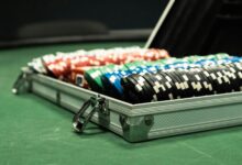 Close-up of a poker set with colorful chips arranged in a briefcase on a green table.
