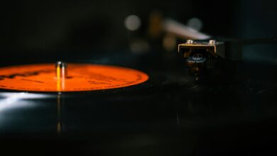 Detailed still life of a turntable needle on a spinning vinyl record, capturing the analog music experience.