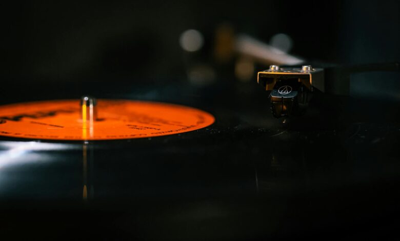Detailed still life of a turntable needle on a spinning vinyl record, capturing the analog music experience.