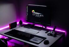 A stylish gaming area featuring LED lighting, gaming console, and modern peripherals.