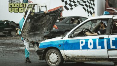 Stunt performers managing a police car scene at a thrilling event.