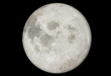 Detailed image of a full moon against a black night sky, showcasing lunar features.