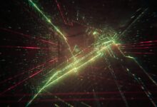 Abstract digital art showcasing a futuristic tunnel with neon lights and geometric shapes.