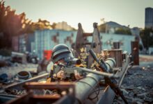 Person with helmet aiming toy gun in urban setting. Conceptual scene with dramatic effect.