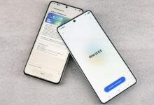 Two smartphones are shown displaying a software update screen with One UI 8.5.