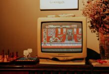 Retro living room scene featuring vintage TV playing classic video game.