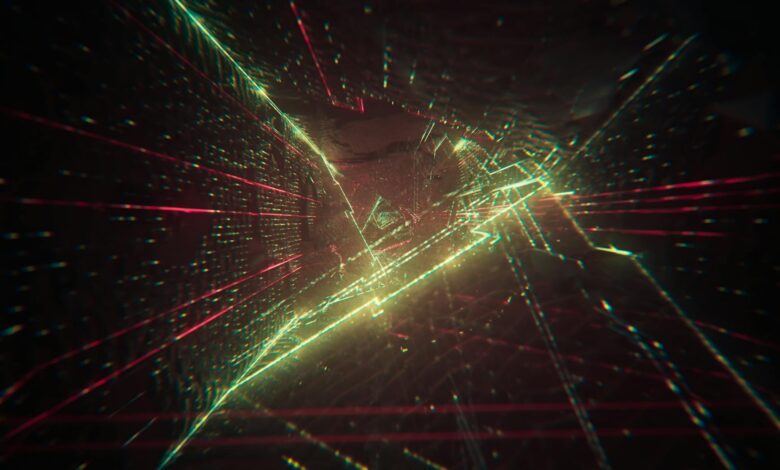 Abstract digital art showcasing a futuristic tunnel with neon lights and geometric shapes.