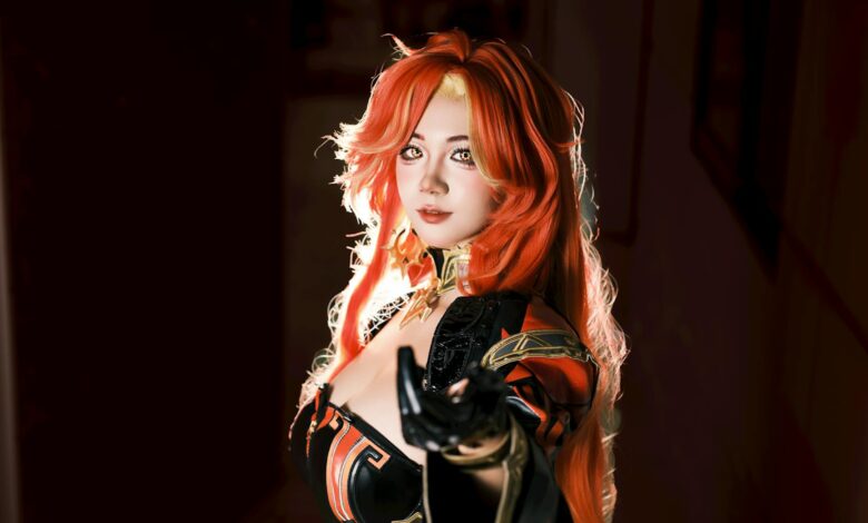 Striking cosplay portrait featuring a red-haired character in dynamic lighting. Perfect for fantasy themed projects.