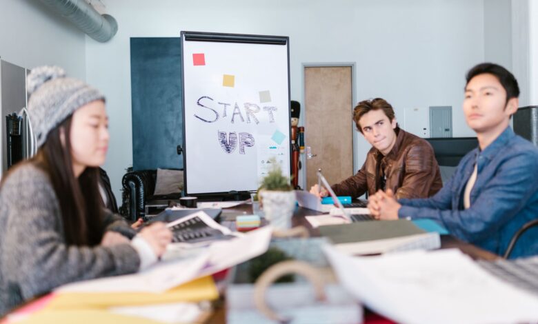 A group of young professionals brainstorming ideas in a startup office setting.