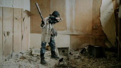 A dramatic post-apocalyptic scene with a masked figure holding a weapon in a dilapidated room.