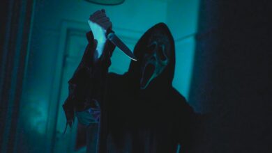 Dark, eerie scene with a masked figure holding a knife, evoking horror film vibes.