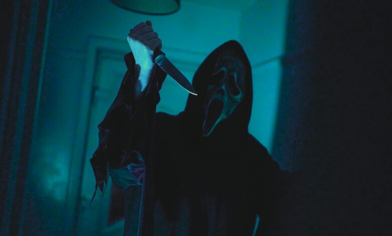 Dark, eerie scene with a masked figure holding a knife, evoking horror film vibes.