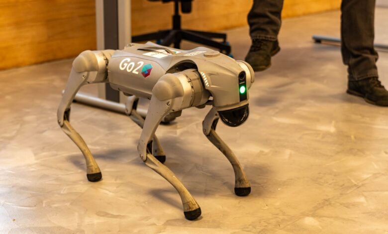 A robotic dog stands indoors, showcasing advanced technology with a sleek design.