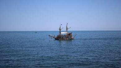 An old-fashioned ship sailing on the calm Black Sea near Constanța, Romania.