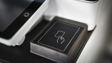 Close-up view of a modern contactless payment terminal for seamless transactions.