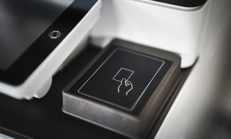 Close-up view of a modern contactless payment terminal for seamless transactions.
