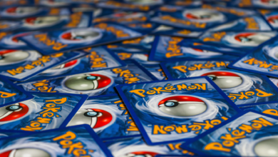 A vibrant display of Pokémon trading cards featuring the iconic Pokeball design.