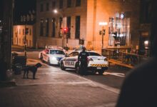 Police cars and officers in an urban street at night, creating a dynamic city vibe.