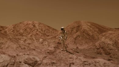 Astronaut in spacesuit explores barren, Mars-like desert terrain under brown sky.
