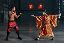 A dynamic scene of a boxer facing a samurai in traditional attire in an industrial space.