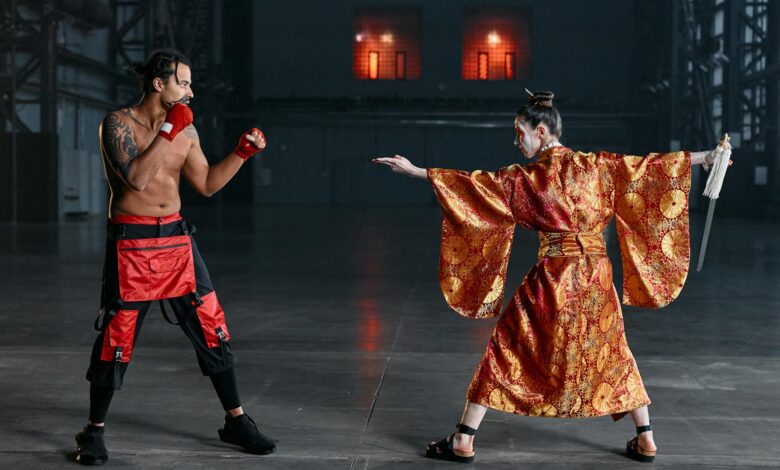 A dynamic scene of a boxer facing a samurai in traditional attire in an industrial space.