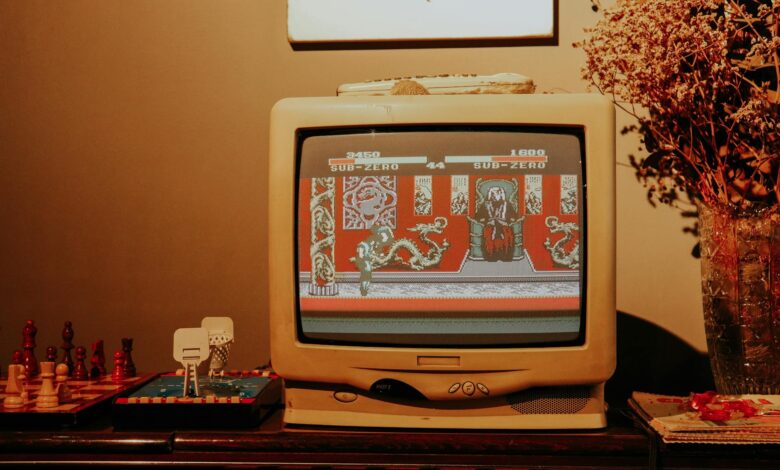 Retro living room scene featuring vintage TV playing classic video game.