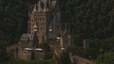 Explore the stunning medieval Eltz Castle nestled among lush green trees, captured from above.