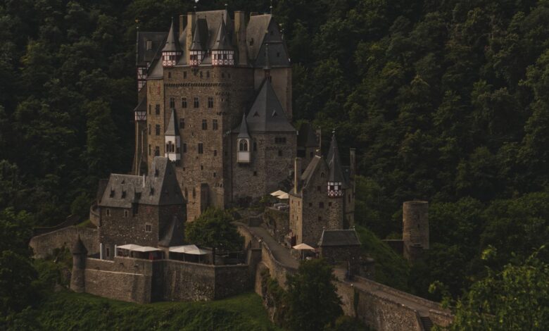 Explore the stunning medieval Eltz Castle nestled among lush green trees, captured from above.