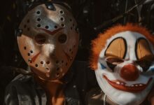 Children wearing horror masks in a dimly lit cornfield, capturing Halloween spirit.