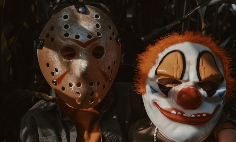 Children wearing horror masks in a dimly lit cornfield, capturing Halloween spirit.