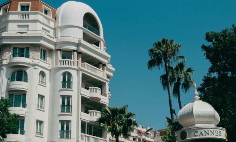 Stunning view of majestic building and palm trees in sunny Cannes, France.