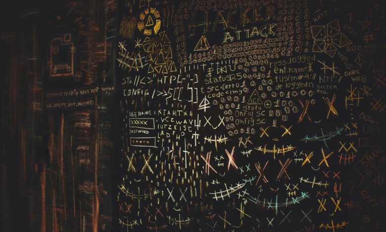 Chalkboard filled with complex cybersecurity and hacking symbols in colorful chalk.