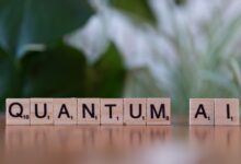 Wooden letter tiles spelling 'Quantum AI' on a blurred background.