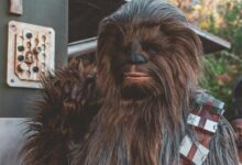 Realistic Chewbacca costume character at a science fiction event, showcasing detailed craftsmanship.
