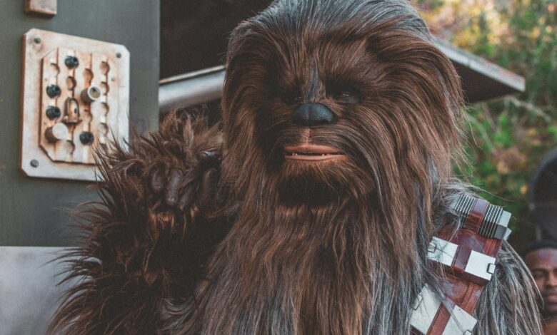 Realistic Chewbacca costume character at a science fiction event, showcasing detailed craftsmanship.
