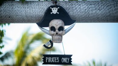 Decorative pirate skull sign with 'Pirates Only' text hanging outdoors on a sunny day.