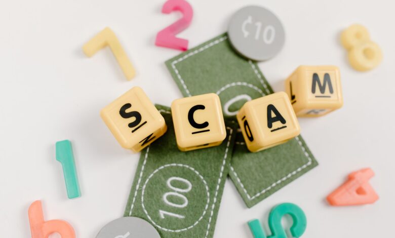 Visual representation of a scam concept using toys, dice, and fake money on a white background.