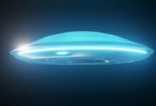 A glowing UFO with bright lights flying in a dark, mysterious sky.