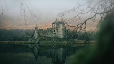 A fog-laden medieval castle with a reflection in a misty lake creates an eerie and historic scene.