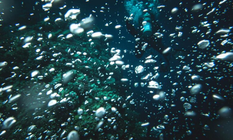 Scuba diver submerged, surrounded by air bubbles underwater, exploring ocean depths.