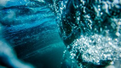 Underwater shot of unrecognizable object diving deep and making bubbles and waves during process