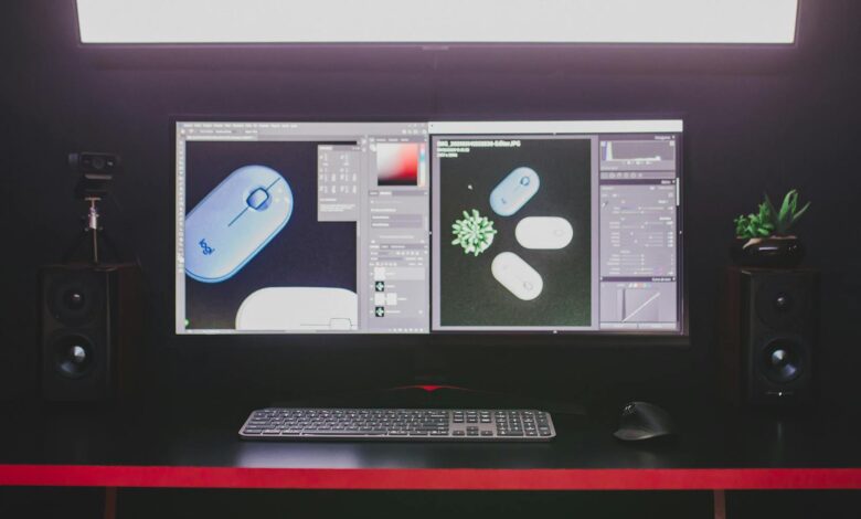 A modern desktop setup featuring dual monitors, keyboard, and mouse, ideal for graphic design.