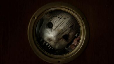 Creepy masked figure looking through a porthole, creating a chilling and eerie Halloween vibe.