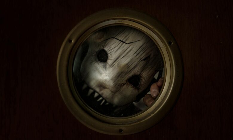Creepy masked figure looking through a porthole, creating a chilling and eerie Halloween vibe.