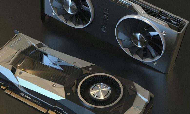 Top view of NVIDIA GTX 1080 and RTX 2080 graphics cards used in advanced computer setups.