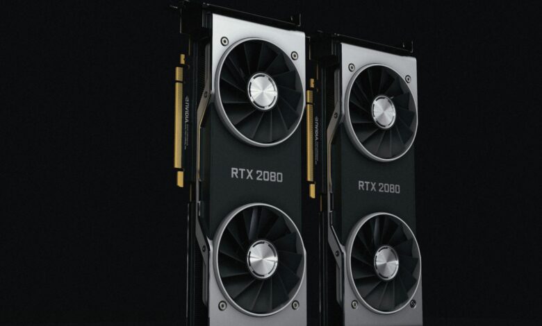 Close-up of two NVIDIA RTX 2080 graphics cards with dual fans, high-performance hardware.