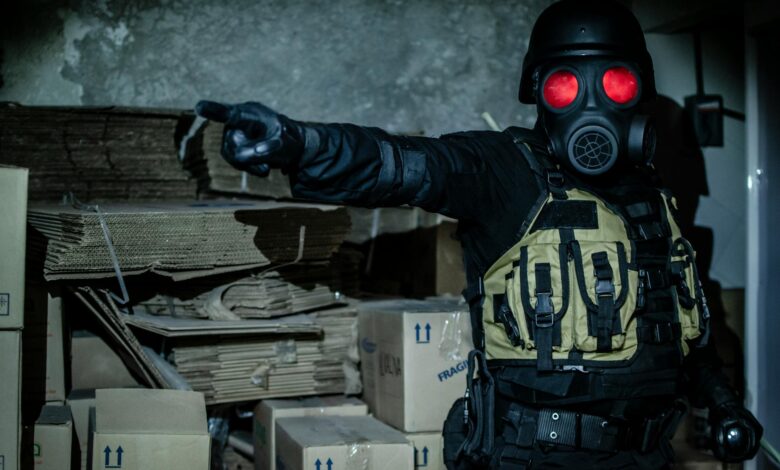 Dark and moody scene of a person in tactical gear and gas mask in an abandoned warehouse.