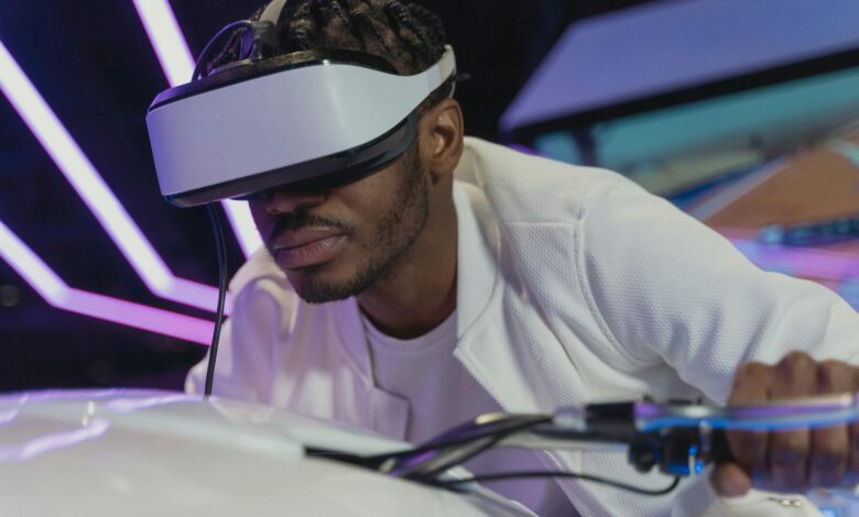 A man deeply engaged in virtual reality gaming with a VR headset, creating a futuristic and immersive experience.