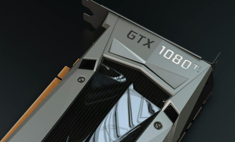 Detailed close-up of a GTX 1080 Ti graphics card, perfect for tech enthusiasts.