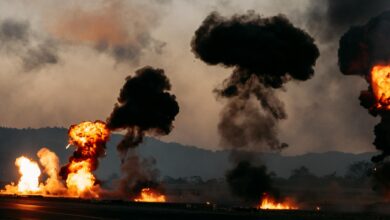 Dramatic scene with explosions and thick black smoke rising in an outdoor setting.